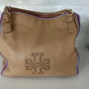 Tory Burch Tan Shoulder Bag with Red and Blue Trim